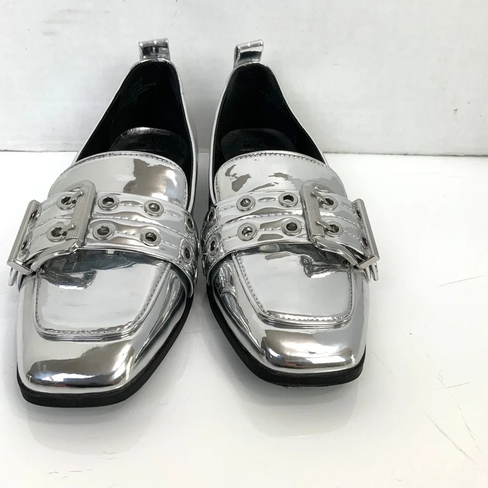 Mix No. 6 Sz 7.5 Silver Metallic Double Strap Buckle Square Toe Loafers Shoes